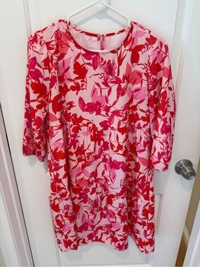 Pink Floral Shift Dress with Red Accents